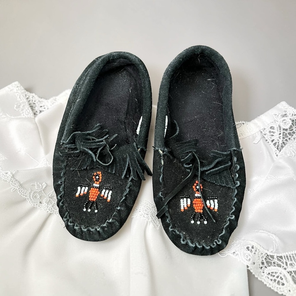 Vintage Beaded Thunderbird Moccasins Black Leather Sz 8